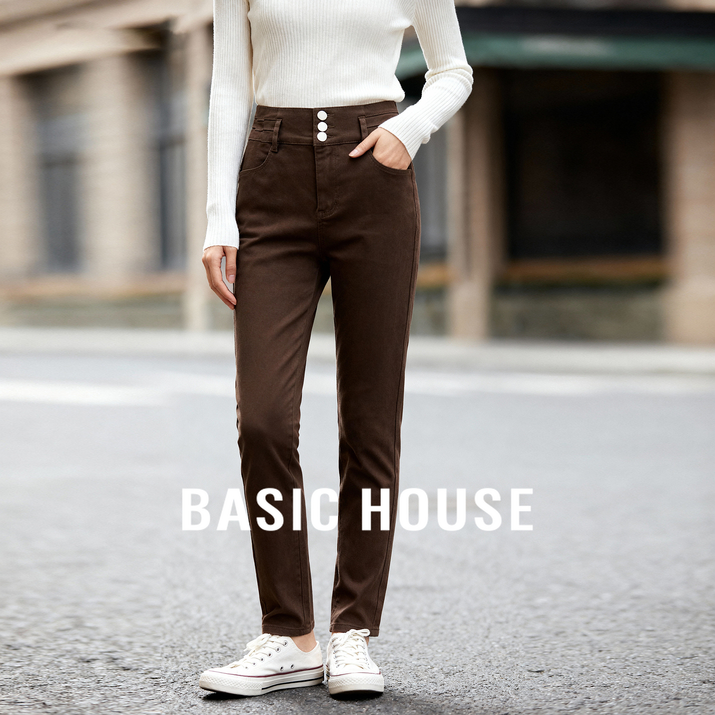 Basic House/百家好烟灰色高腰牛仔裤女2025秋新款修身显瘦小脚裤