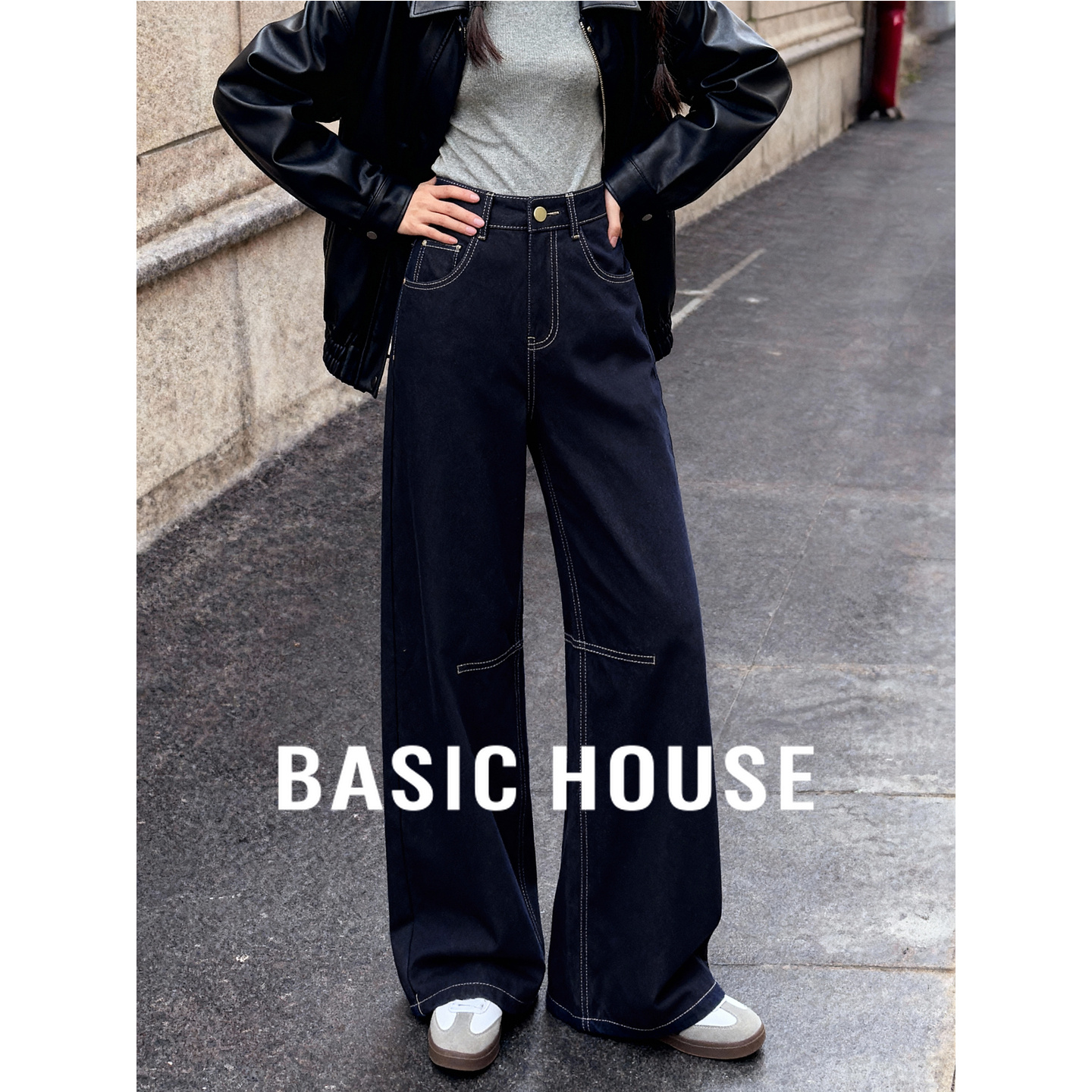 Basic House/百家好复古风明线阔腿25冬新高腰显瘦宽松休闲牛仔裤