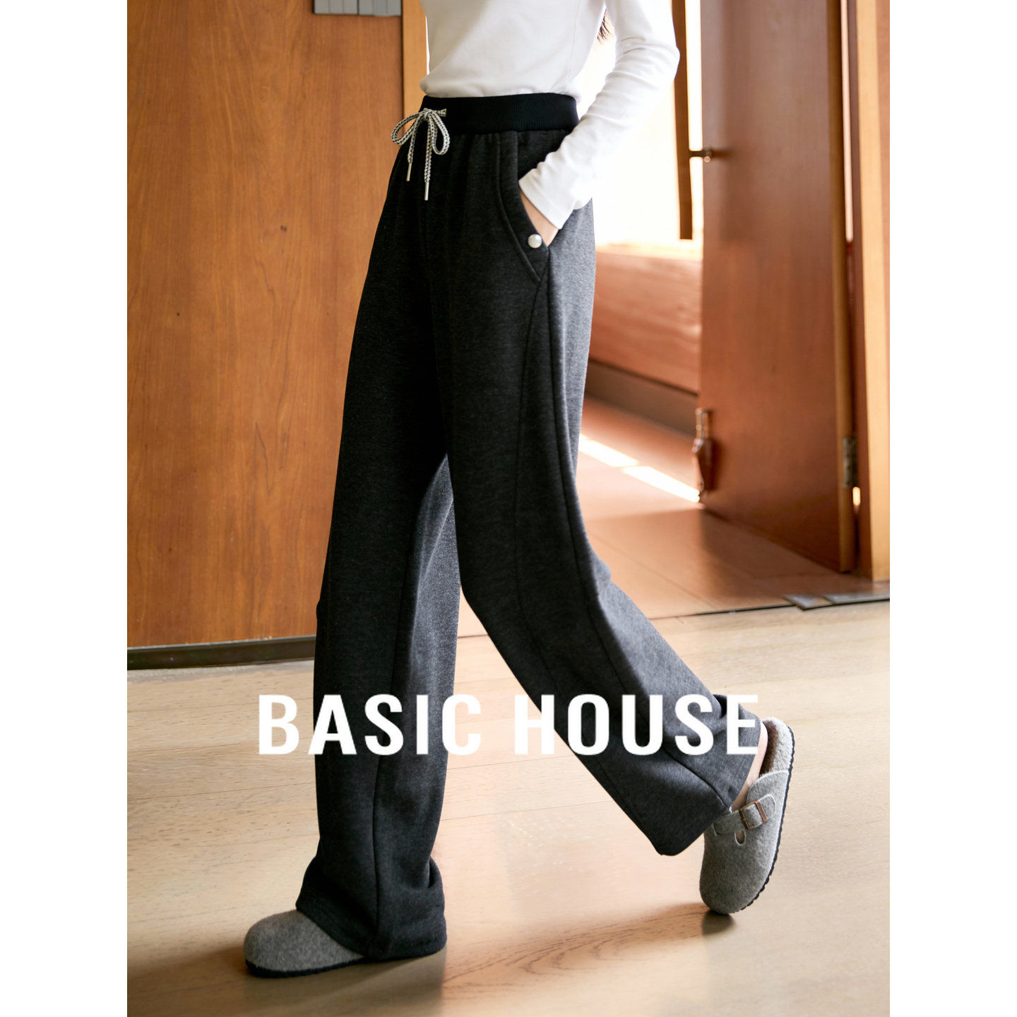 百家好加绒加厚弯刀休闲裤女士2025冬季新款保暖宽松直筒阔腿裤子