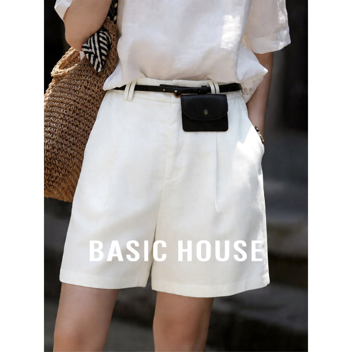 Basic House/百家好白色高腰西装短裤女夏宽松天丝亚麻休闲五分裤