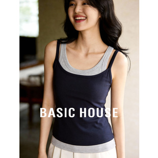 Basic House/百家好撞色拼接假两件工字吊带背心春季新款修身上衣
