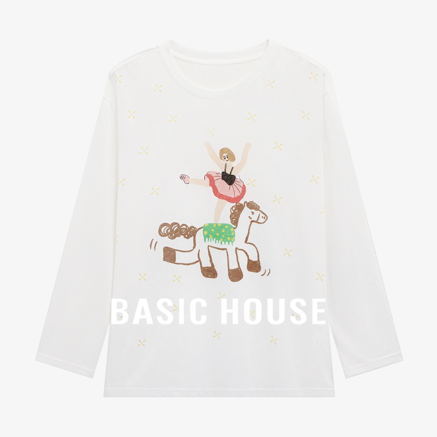 Basic House/百家好可爱芭蕾小马印花T恤女秋新款设计感长袖上衣