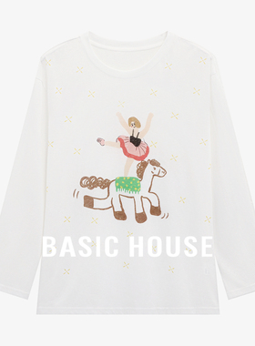 Basic House/百家好可爱芭蕾小马印花T恤女秋新款设计感长袖上衣