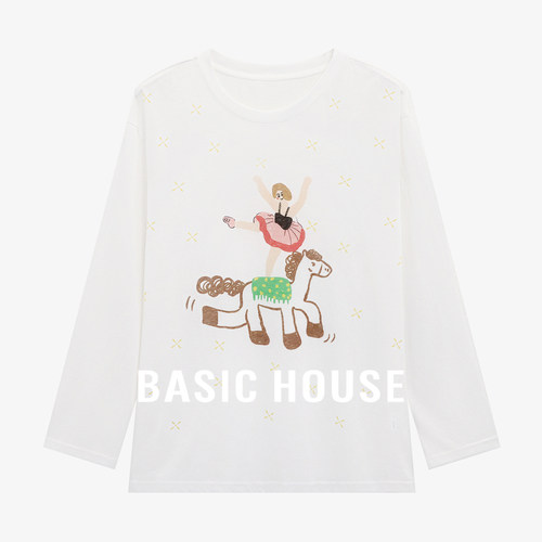 Basic House/百家好可爱芭蕾小马印花T恤女秋新款设计感长袖上衣