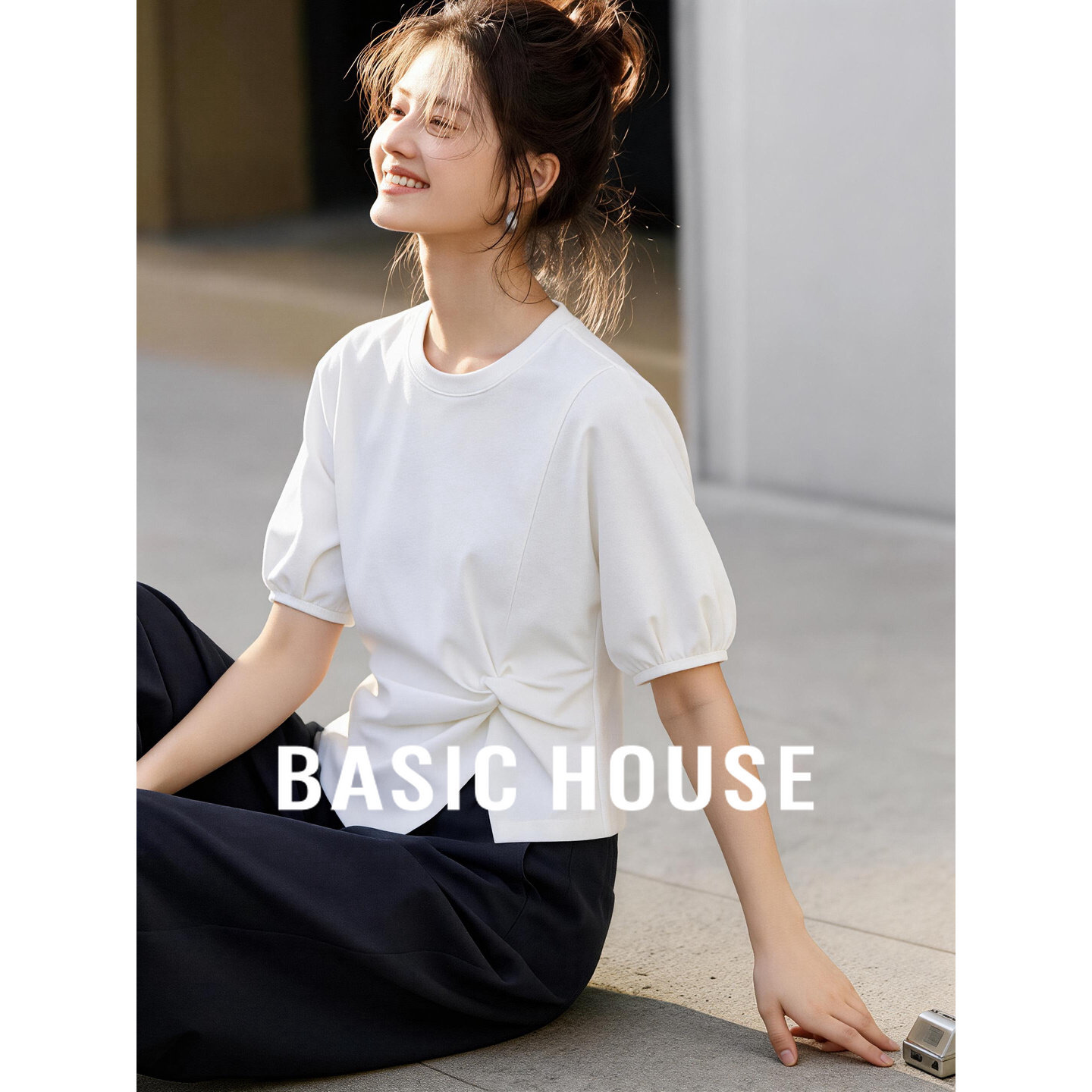 Basic House/百家好纯色扭结短袖T恤女夏季新款短袖收腰纯棉上衣