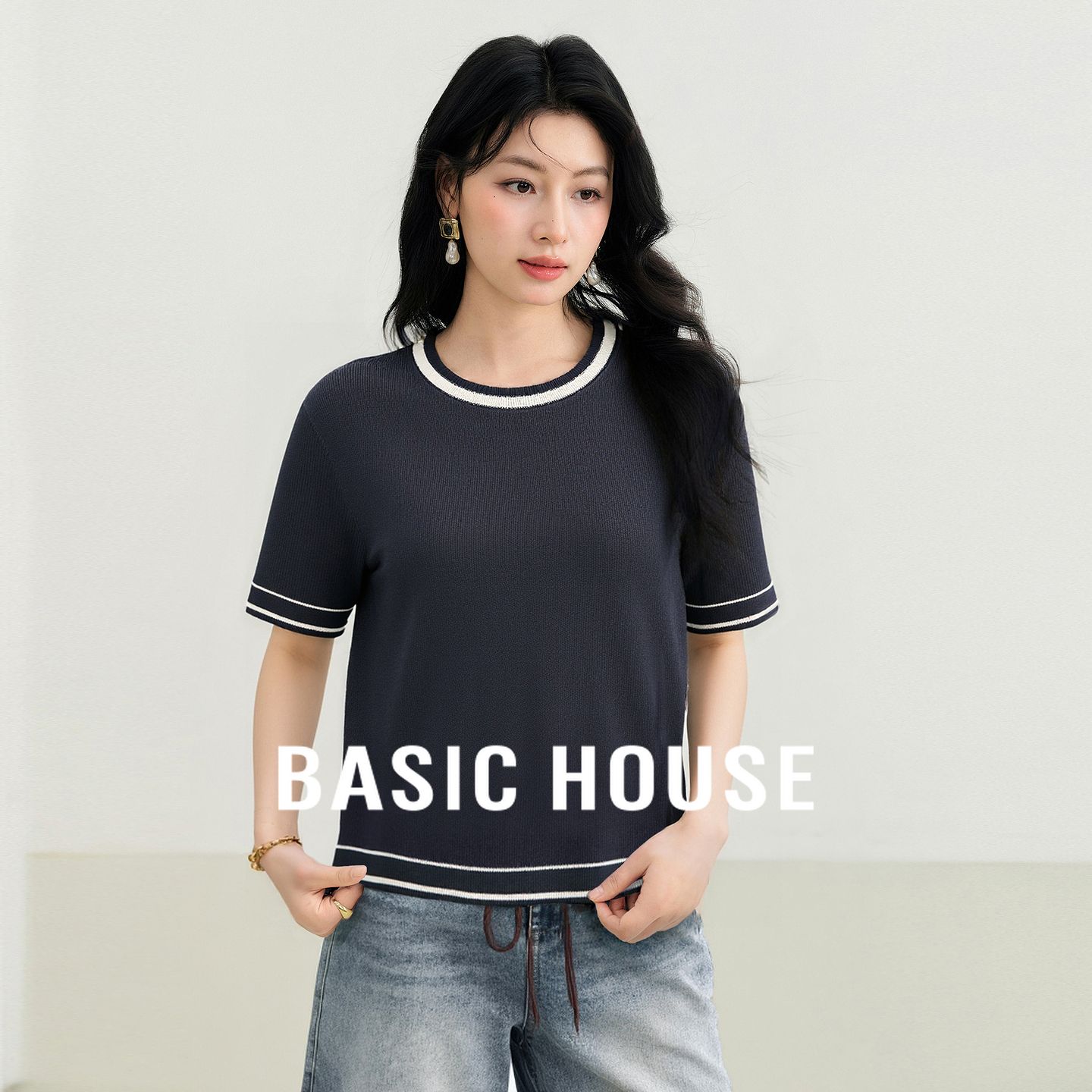 Basic House/百家好莱赛尔撞色针织衫女夏季流行亚麻套头短款上衣