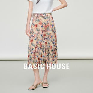 碎花百褶半身裙女高腰中长款 百家好法式 复古印花裙子 House Basic