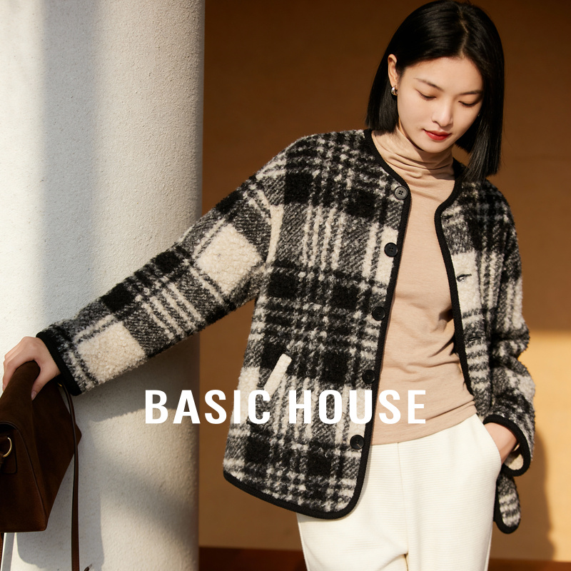百家好小香风撞色格纹毛毛短外套女冬季新款复古风摇粒绒宽松上衣