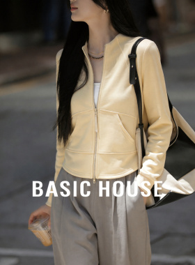 Basic House/百家好黄色拉链卫衣女26春季新款休闲立领开衫短外套