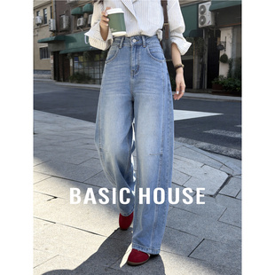 复古弯刀阔腿高腰压线遮胯显瘦百搭街头风牛仔裤 百家好春季 新款