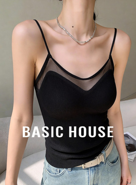 百家好黑色吊带背心女春季新款带胸垫文胸一体美背打底无袖上衣