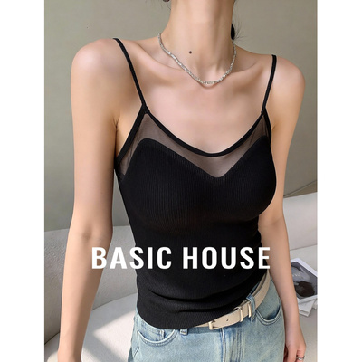 Basic House/百家好早春黑色V领吊带新款网纱外穿内搭带胸垫背心
