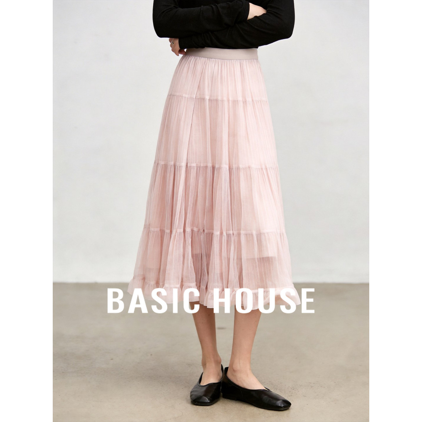 Basic House/百家好粉色百褶网纱半身裙女26夏季新款减龄蛋糕纱裙