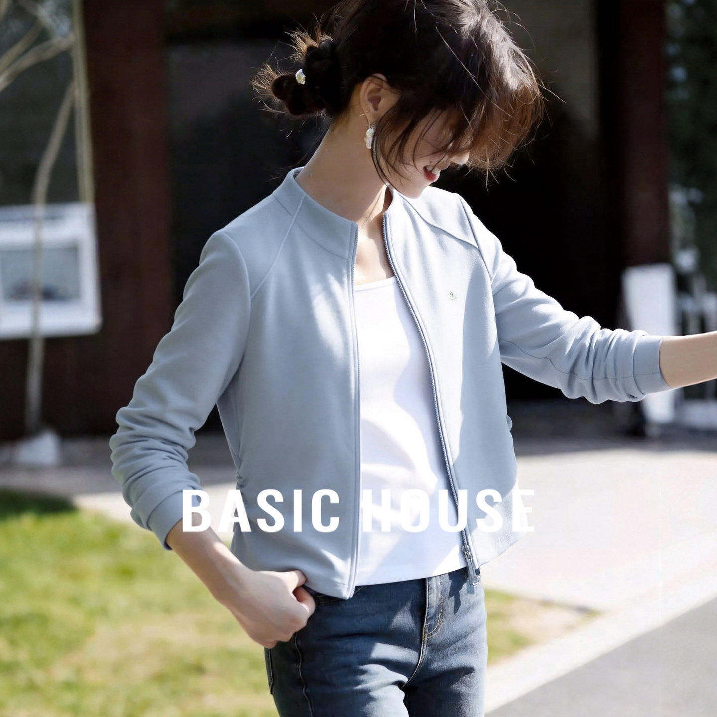 Basic House/百家好假两件半高领拉链开衫卫衣女修身显瘦短款上衣