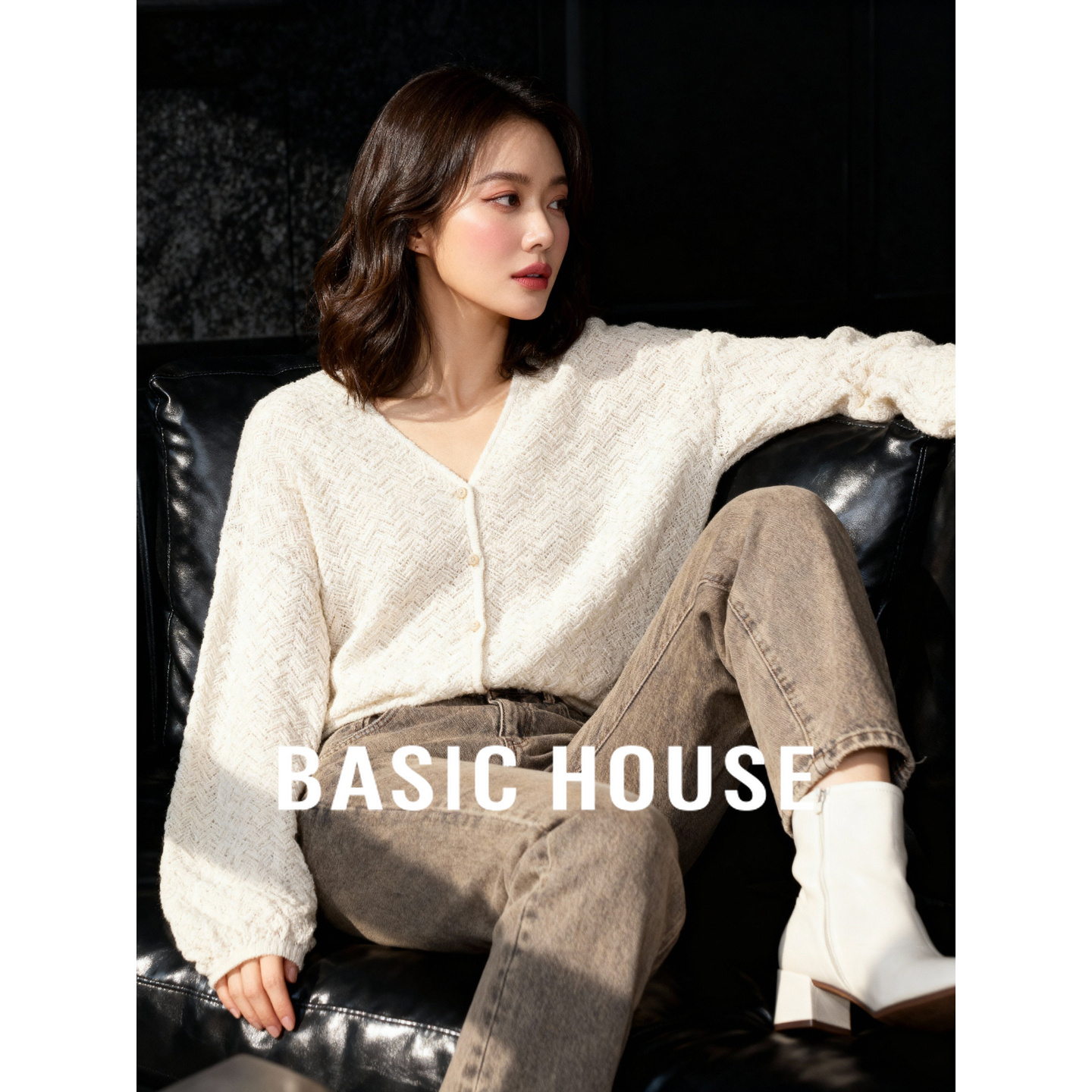 Basic House/百家好绵羊毛镂空针织衫桑蚕丝灯笼袖上衣秋冬新款女