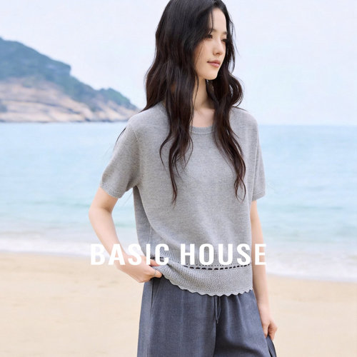 Basic House/百家好镂空拼接花边短袖针织衫夏季新款纯色套头上衣