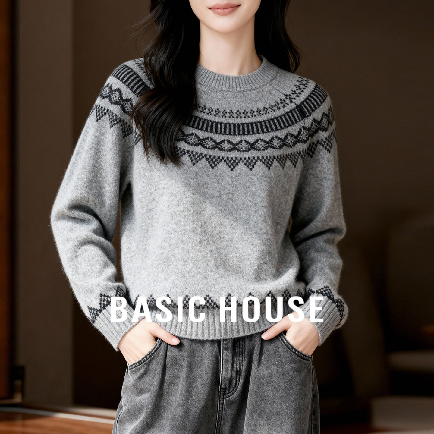 Basic House/百家好费尔岛保暖绵羊毛毛衣女秋冬新款百搭圆领上衣,女装/女士精品,羊绒衫,淘宝优惠券,粉丝福利购,淘宝优惠卷