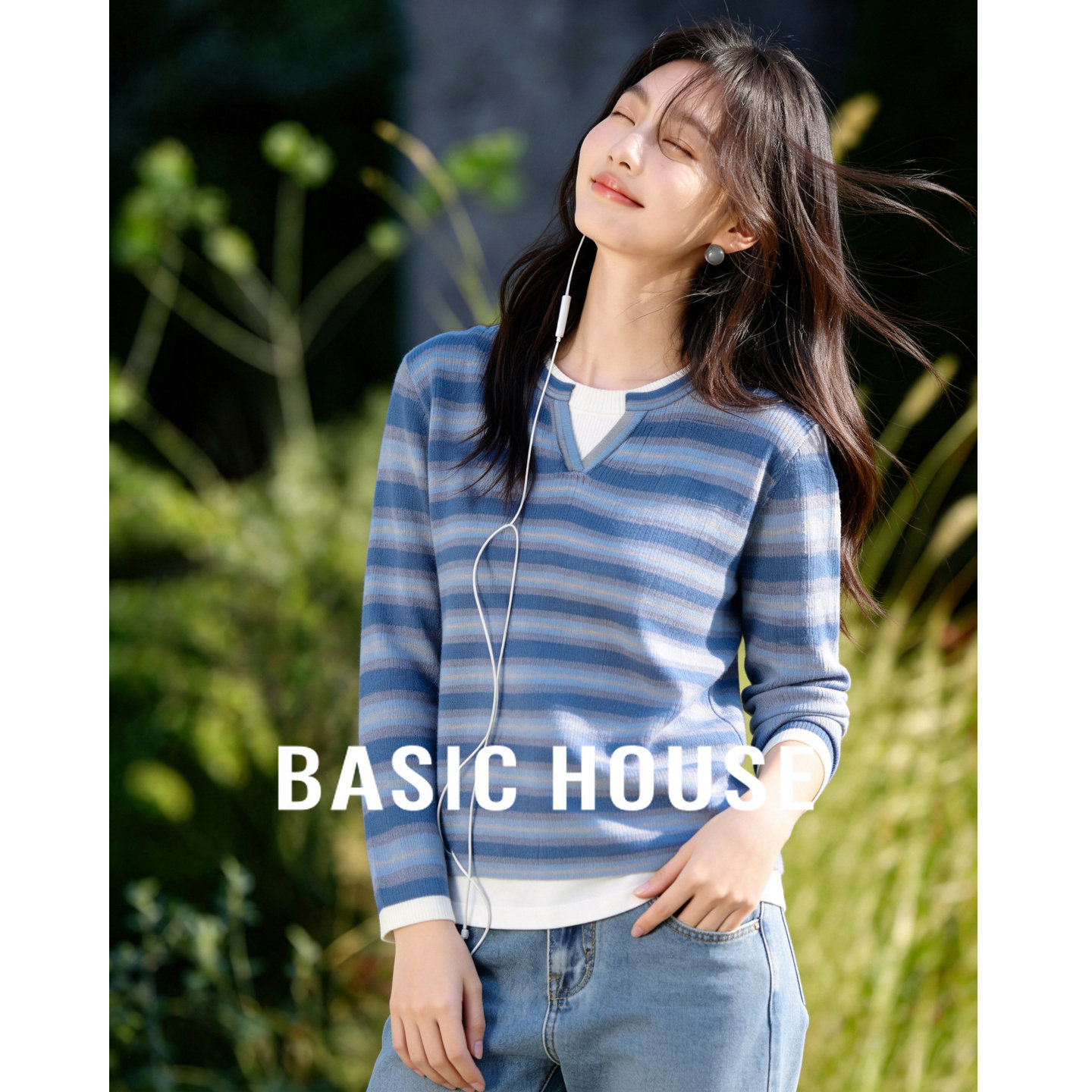 Basic House/百家好航海系条纹假两件针织衫女显瘦韩系温柔风上衣