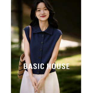 百家好灰色翻领针织马甲女2026春季无袖开衫外搭通勤显瘦叠穿背心