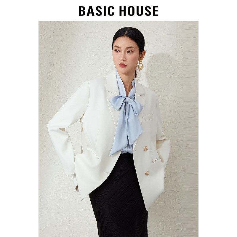 Basic House/百家好2025秋冬新款翻驳领西服女气质白色小西装外套