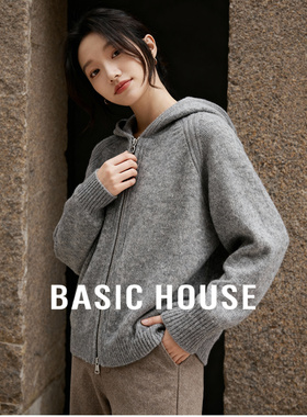 百家好连帽羊毛针织衫外套冬季新款女士灰色宽松慵懒拉链加厚毛衣