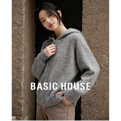 百家好连帽羊毛针织衫外套冬季新款灰色宽松慵懒拉链加厚保暖毛衣