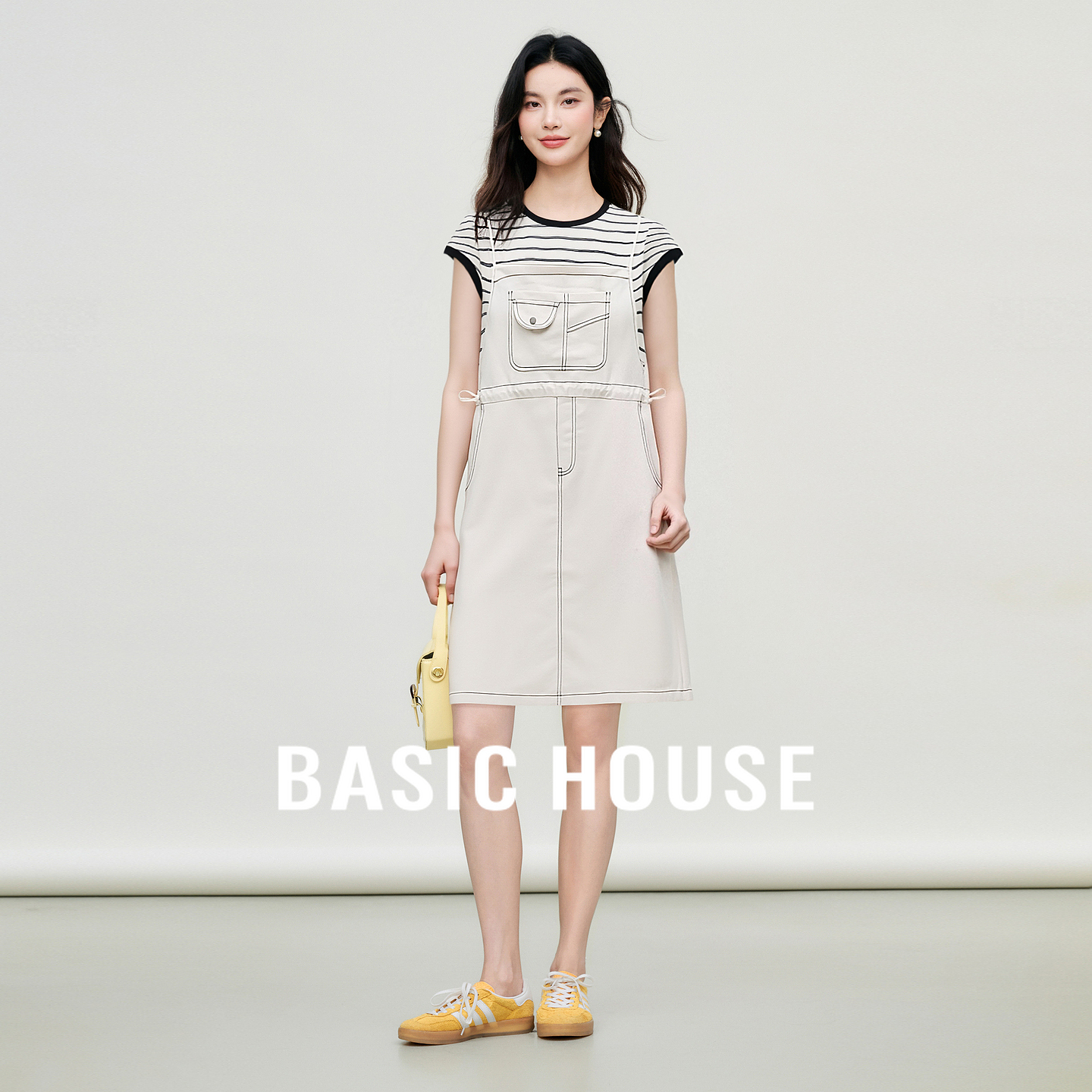Basic House/百家好条纹短袖叠搭背带裙夏季新款时尚减龄连衣长裙