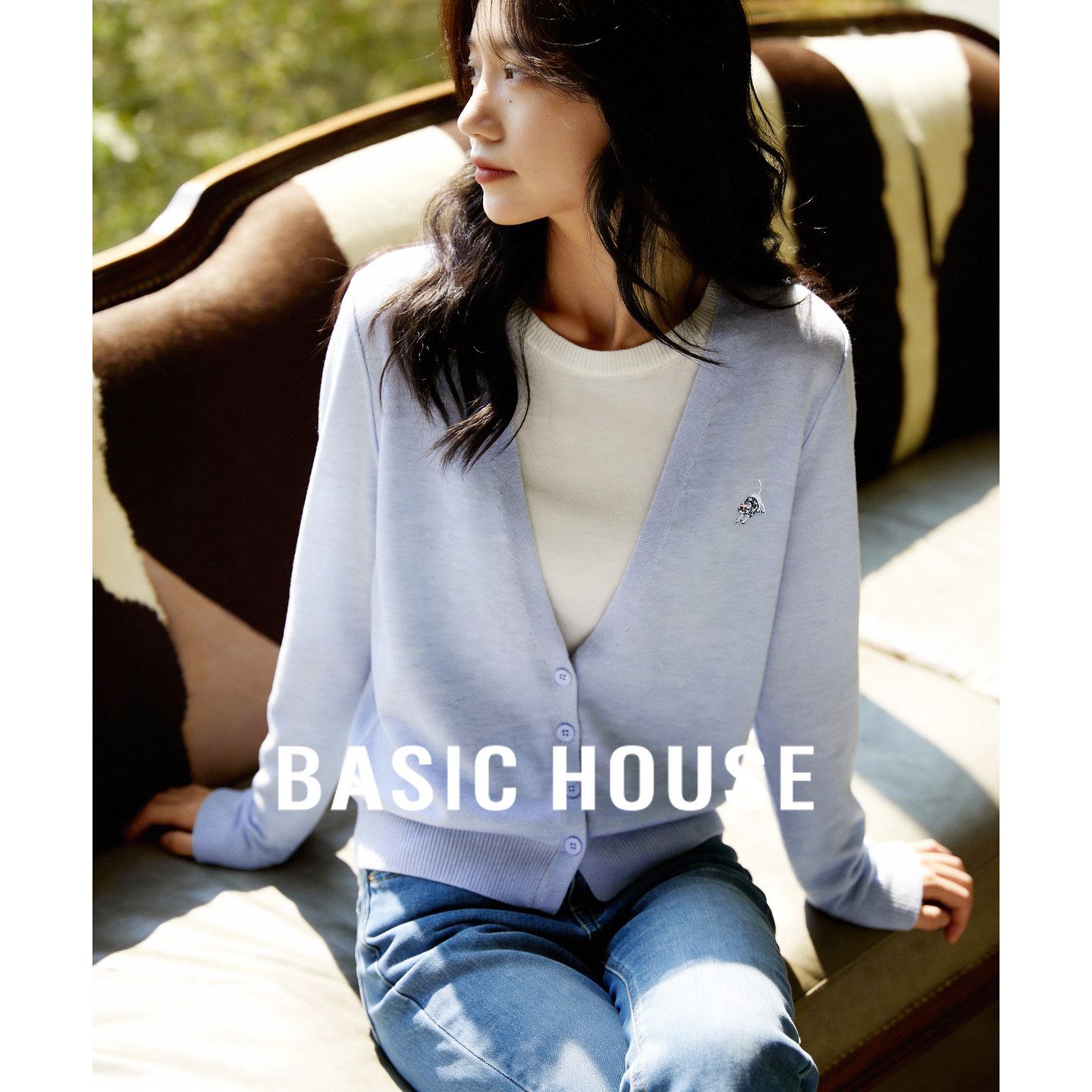 Basic House/百家好假两件浅蓝针织开衫女春装温柔风宽松显瘦上衣