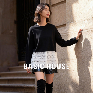 新款 Basic T恤女秋季 百家好蕾丝拼接长袖 流行圆领开叉上衣 House