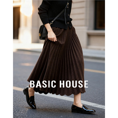 Basic House/百家好2025新款百褶半身裙女气质通勤高腰A字中长裙
