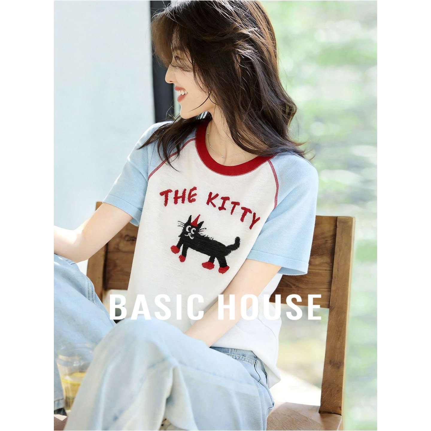 Basic House/百家好美式猫咪提花短袖针织衫夏季新款圆领撞色上衣
