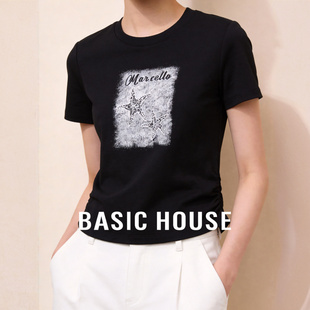 T恤女抽褶显瘦百搭短款 百家好黑色圆领印花短袖 上衣 House Basic