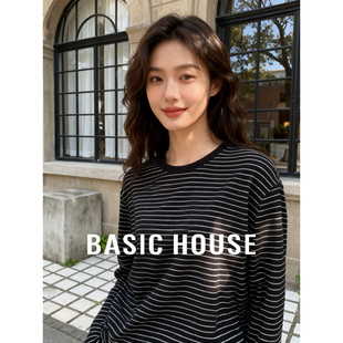 T恤25秋冬宽松显瘦长袖 百家好撞色条纹长袖 套头上衣 House Basic