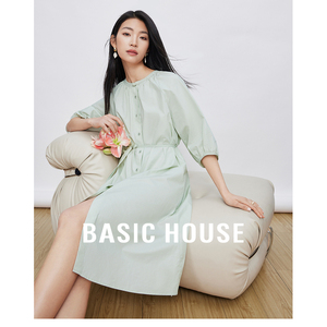Basic House/百家好新中式盘扣连衣裙2026春收腰显瘦灯笼袖长裙