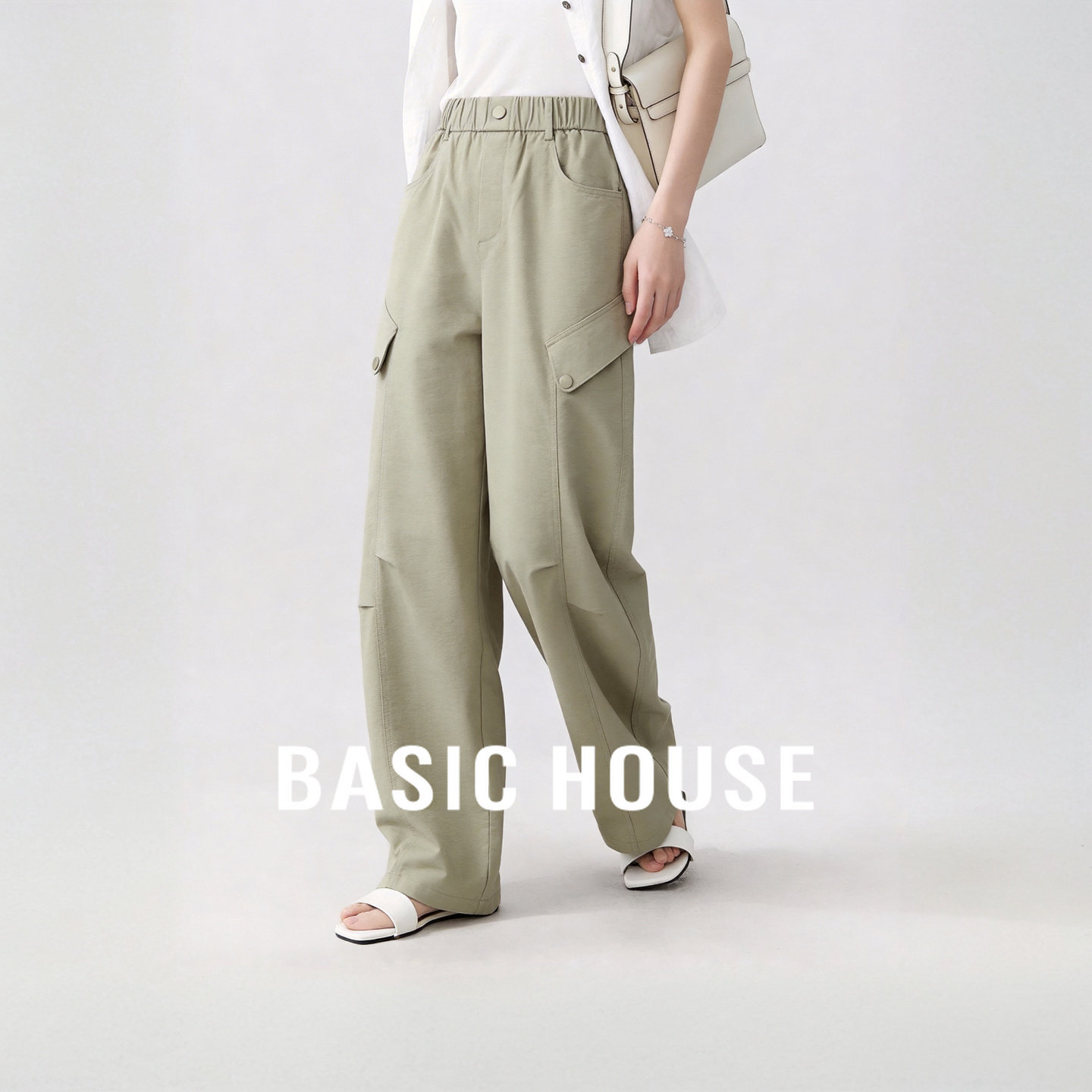 Basic House/百家好卡其色高腰工装阔腿裤女夏薄款显瘦拖地休闲裤