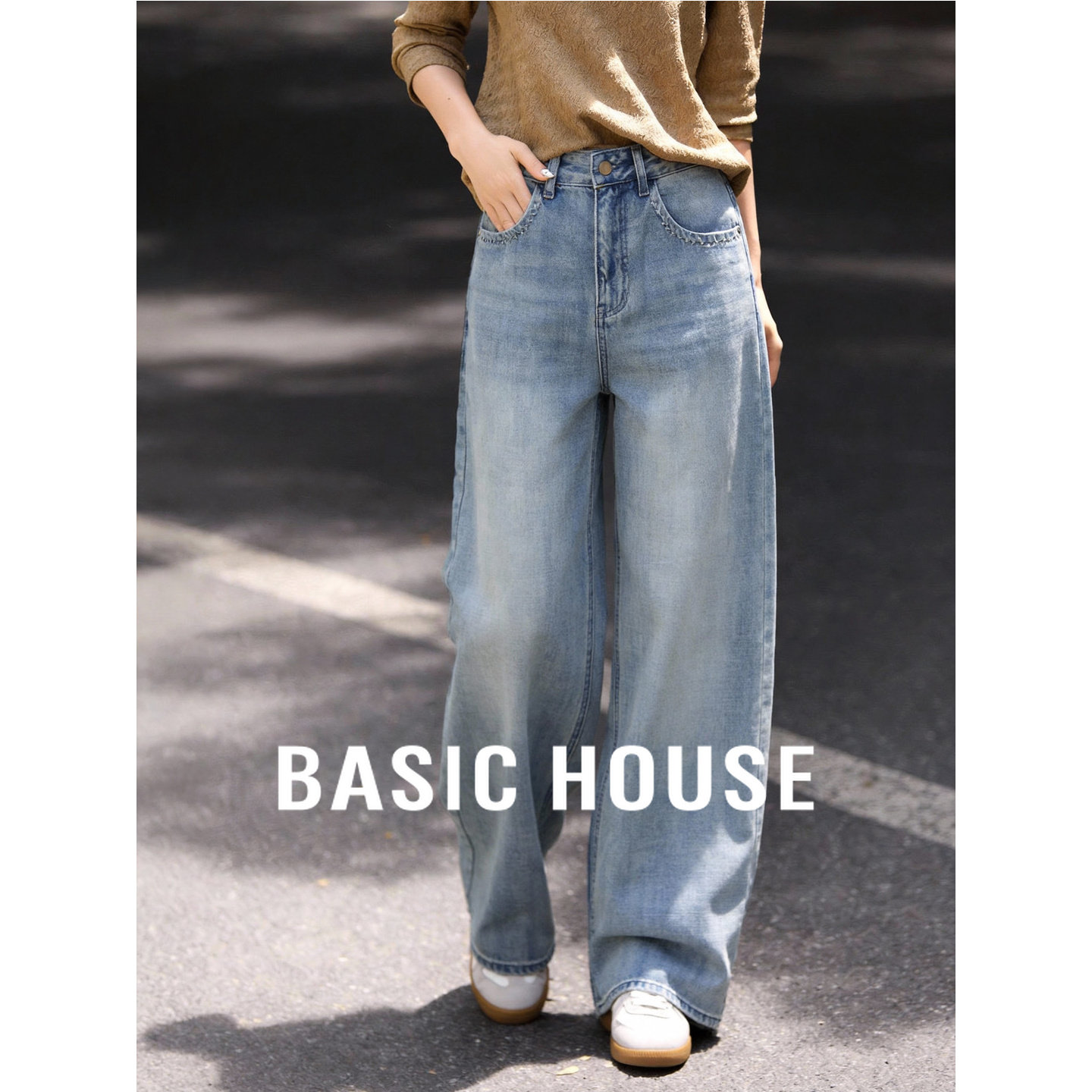 百家好春季新款浅蓝复古洗水高腰阔腿垂感遮胯显瘦百搭通勤牛仔裤