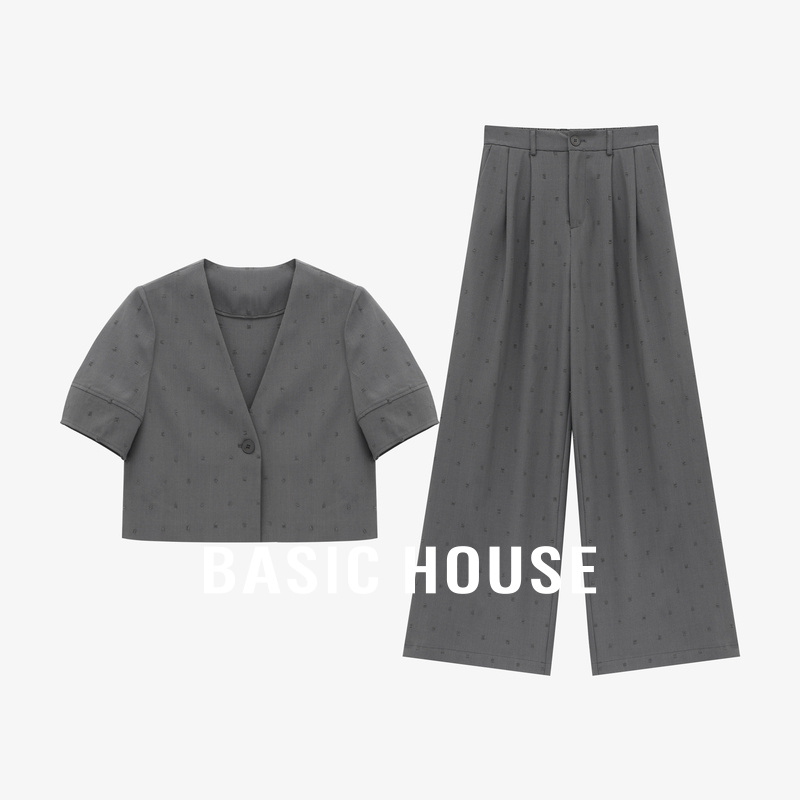 Basic House/百家好夏季新款简约V领短袖上衣高腰直筒西装裤套装