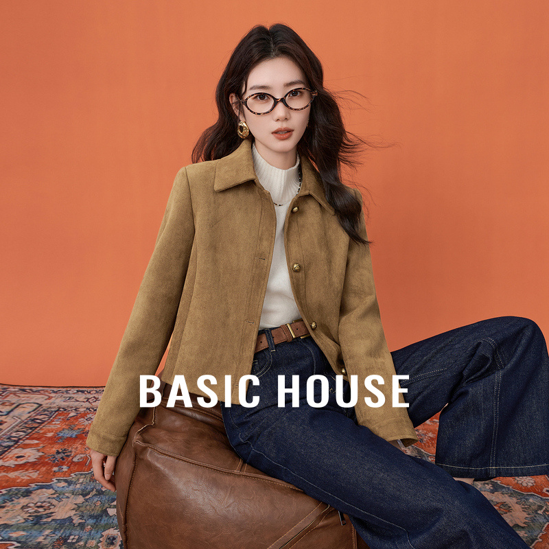 Basic House/百家好复古麂皮绒外套女2025秋冬新款休闲夹克短外套