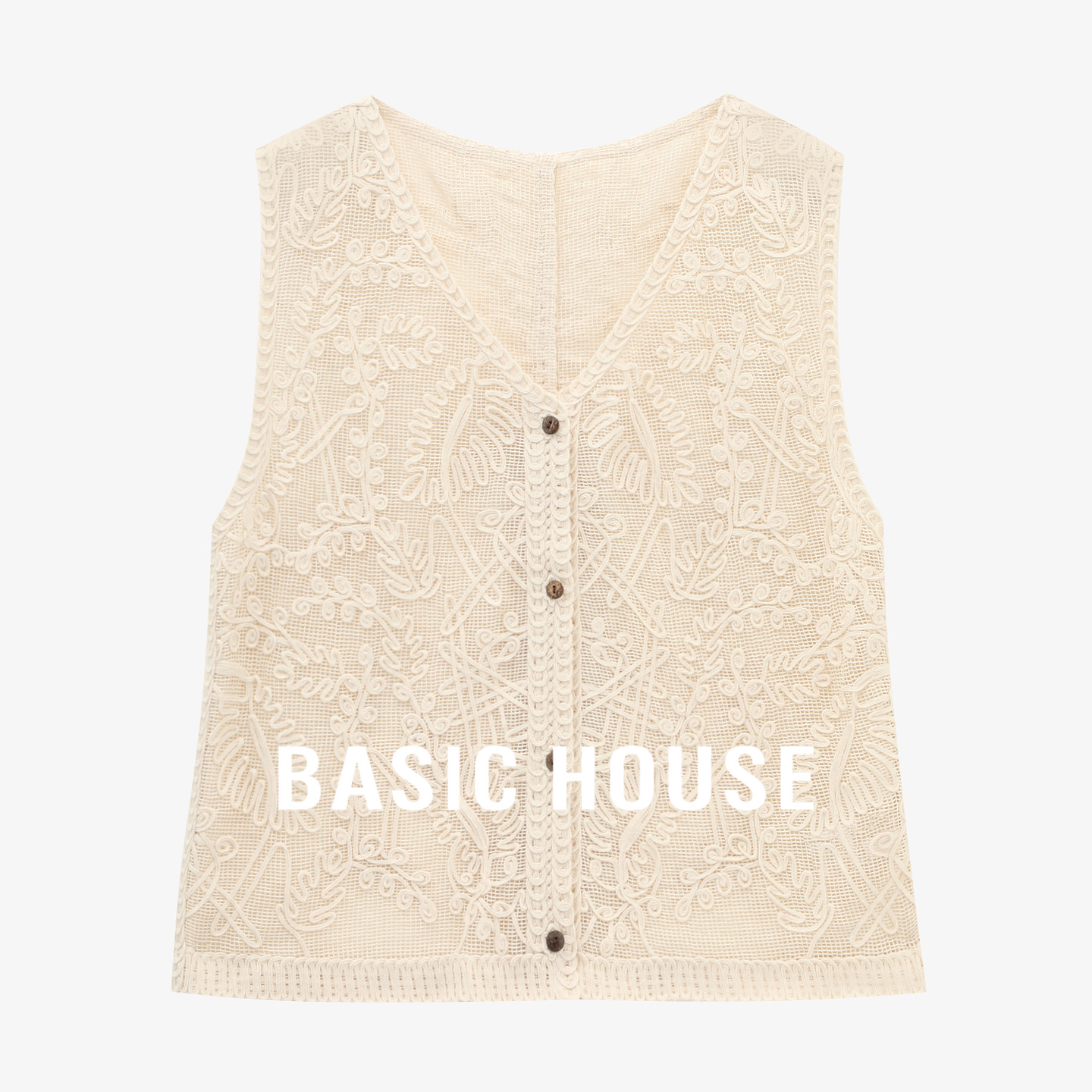 Basic House/百家好夏季新款提花镂空透气设计感纽扣开衫V领马甲