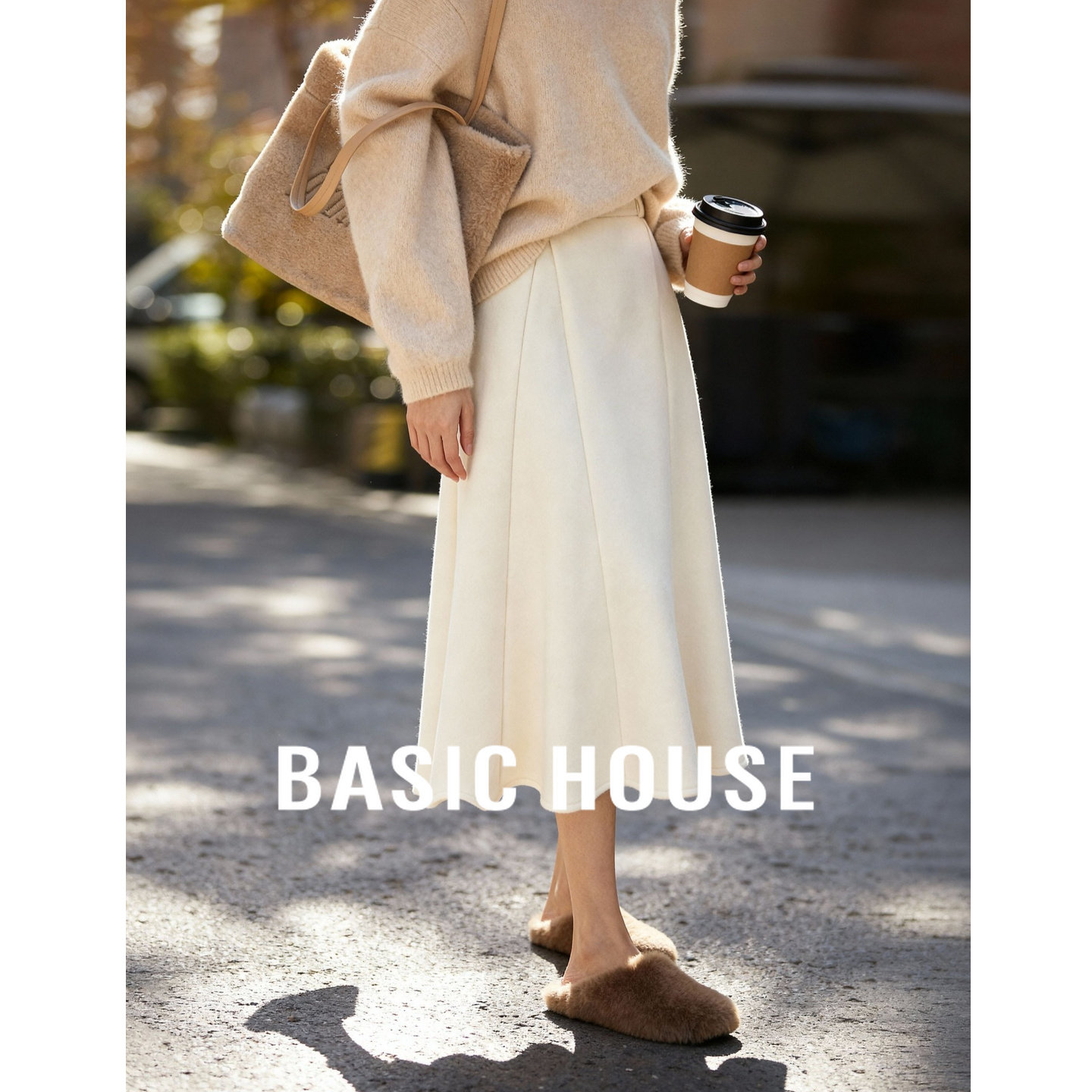Basic House/百家好羊毛毛呢半身裙女冬季新款白色中长款A字半裙