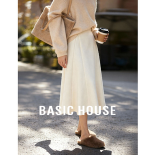 Basic House/百家好羊毛毛呢半身裙女冬季新款白色中长款A字半裙
