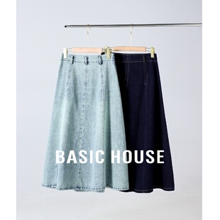 Basic House/百家好水洗牛仔半身裙夏新款复古高腰中长款A字伞裙