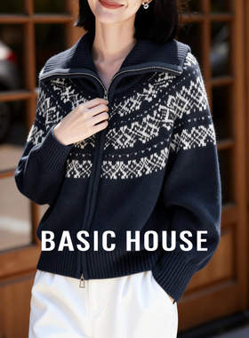 Basic House/百家好复古费尔岛翻领开衫毛衣女2025冬季加厚外套