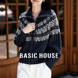 Basic House/百家好复古费尔岛翻领开衫毛衣女2025冬季加厚外套