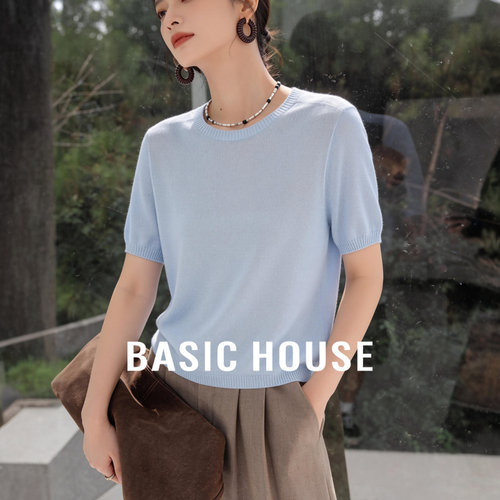 Basic House/百家好极简圆领短袖针织衫女夏蓝色高级舒适通勤上衣
