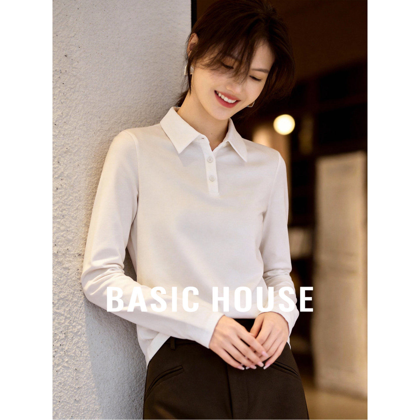 百家好翻领长袖Polo衫春季新款修身显瘦简约风通勤内搭外穿上衣女
