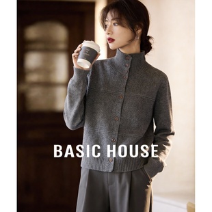 百家好韩系翻领/半高领两穿针织开衫女慵懒风毛衣外套高级灰上衣