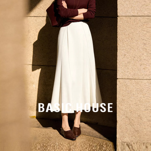 Basic House/百家好法式复古中腰白色半身裙女春季新款温柔风长裙