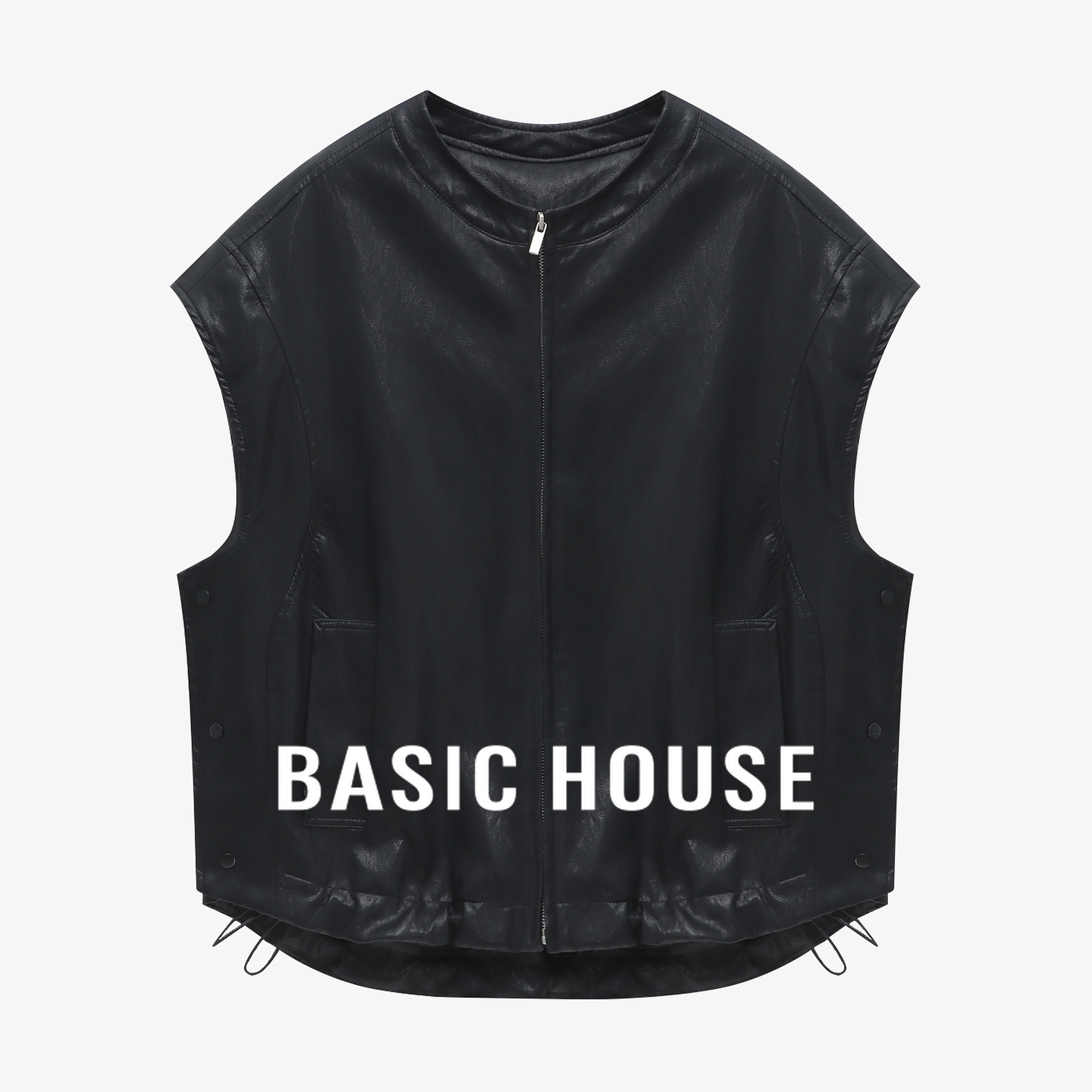 Basic House/百家好黑色无袖皮马甲2025秋季简约个性下摆抽绳上衣