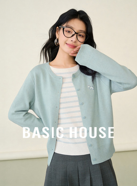 Basic House/百家好假两件条纹拼接针织开衫女温柔风宽松长袖上衣